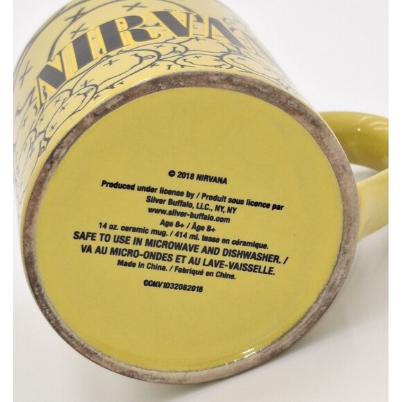 Nirvana Mug Coffee Tea Cup 14 oz Yellow Black Ceramic Smiley Face Collage 2018 - Picture 6 of 6